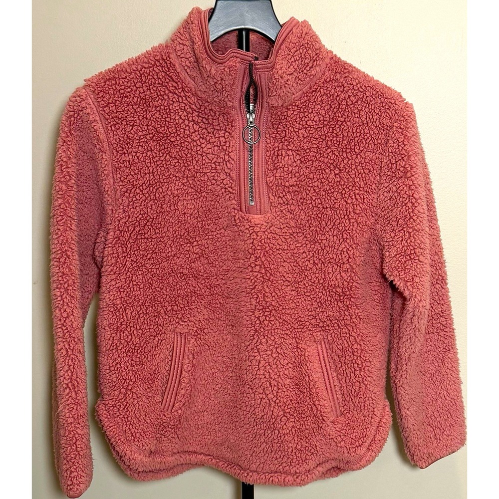 Cuddly Sherpa Girls Pink Sherpa 1/4 Zip Pullover Sweatshirt Pockets 14-16 EUC